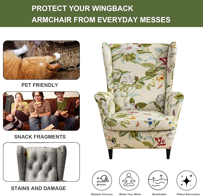 HAOYONG Wing Chair Slipcovers Printed Wingback Chair Covers 2 Pieces Wingback