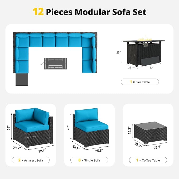 Aoxun Patio Furniture Set with Fire Pit Table, 12 Piece Outdoor Sectional Sofas