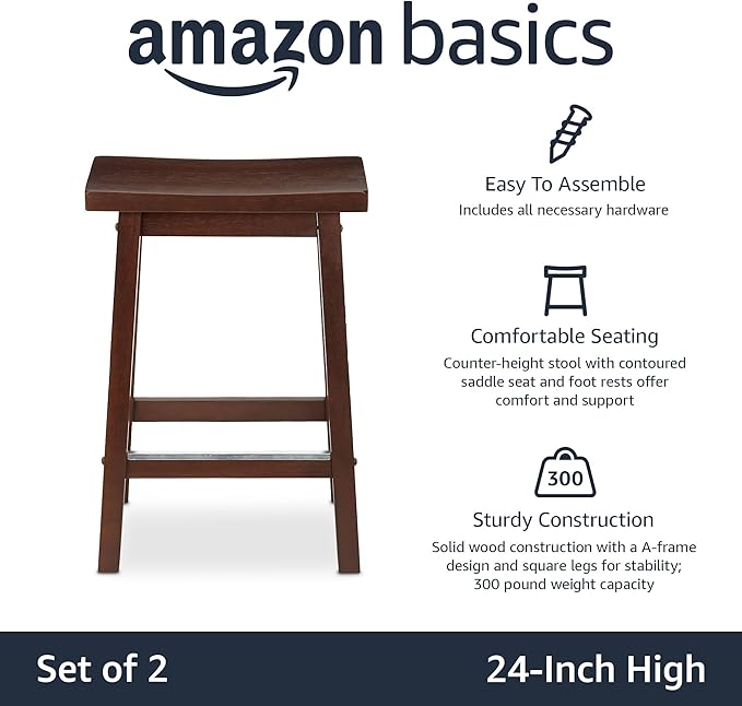 Amazon Basics Solid Wood Saddle-Seat Counter Height Bar Stools