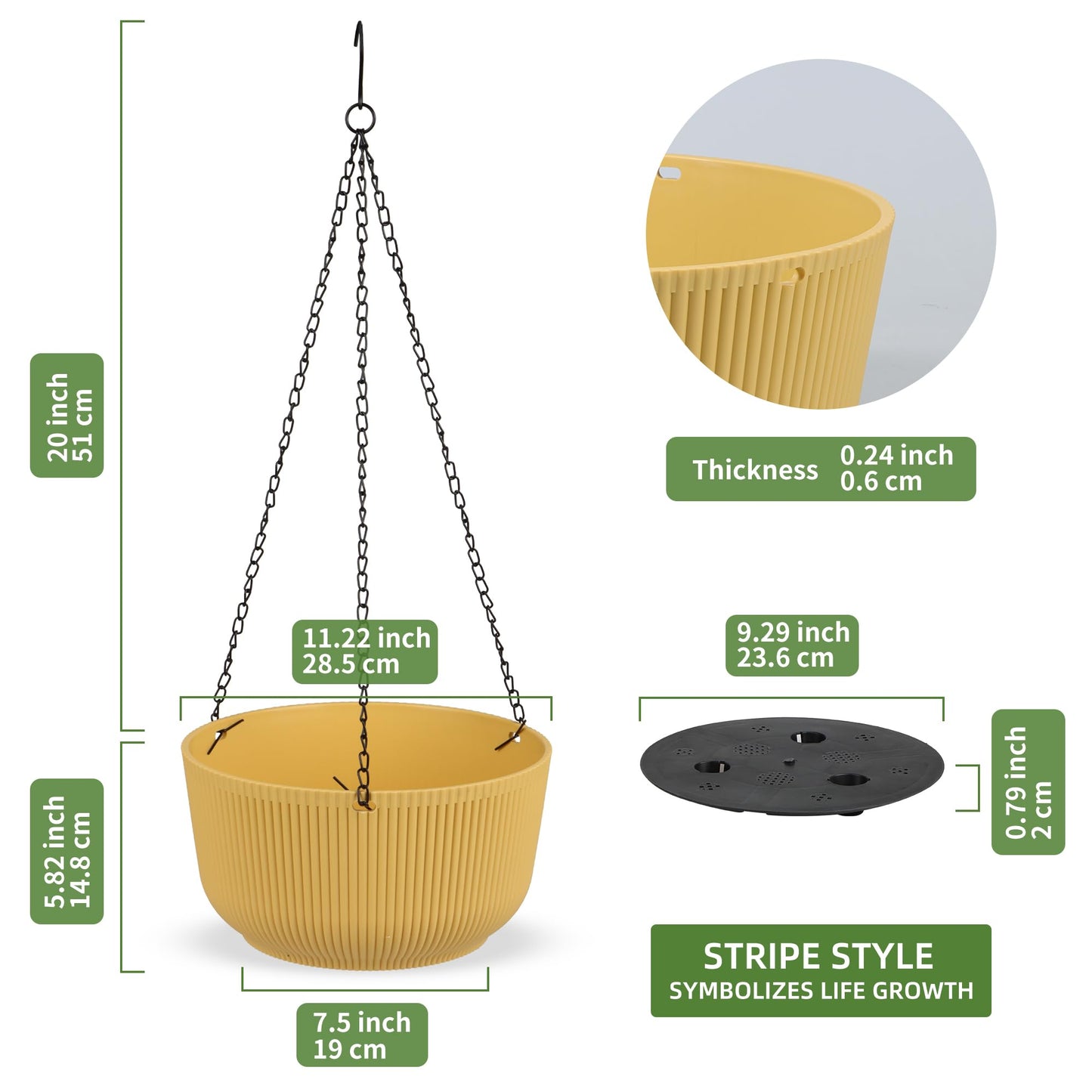Dexceder 11.2 Inch Self Watering Hanging Planters Indoor Outdoor, Thickened Hanging Basket Flower Plant Pot (2 Pack, Yellow)