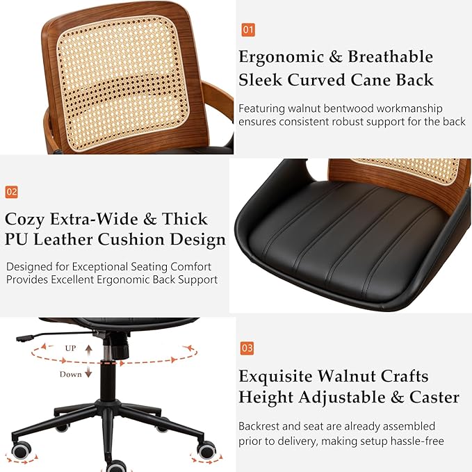 Home Office Desk Chair with Ergonomic Rattan Backrest, Walnut Crafts, Curved