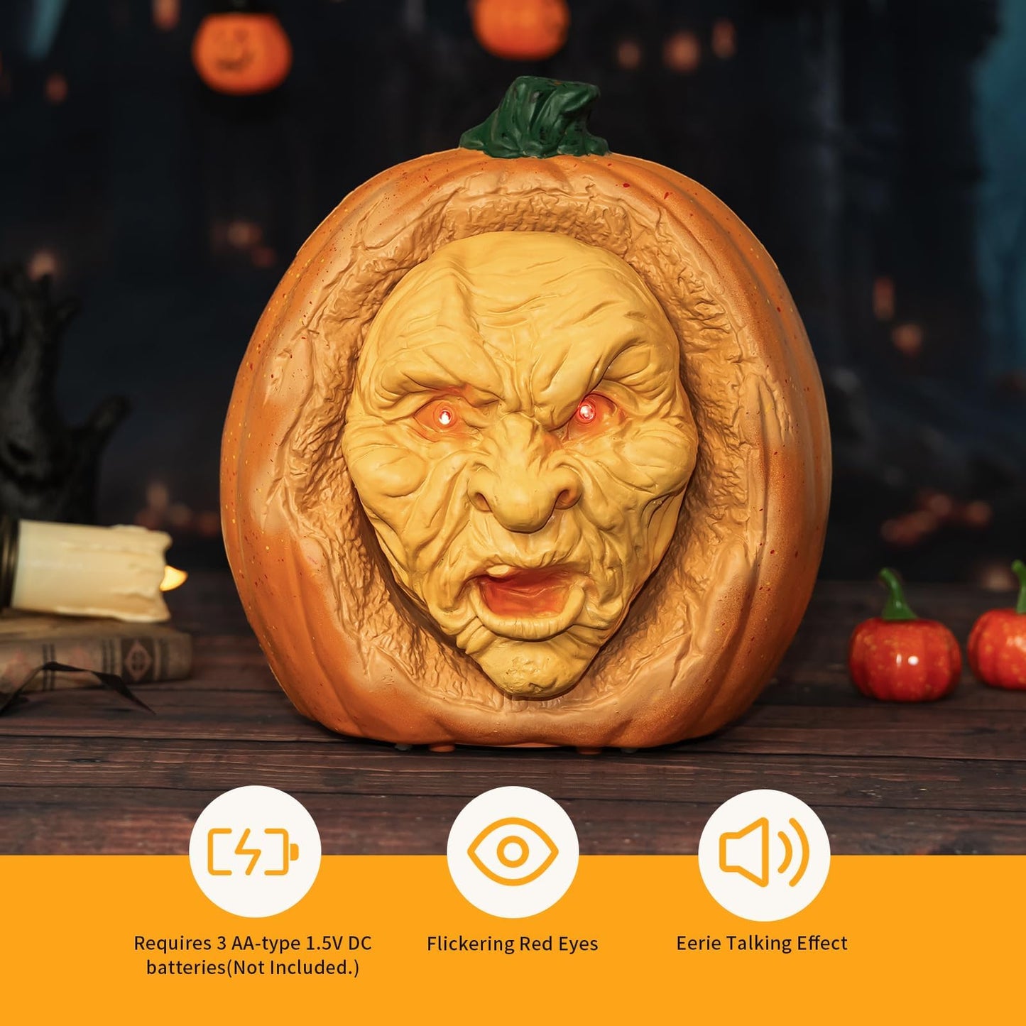 SeasonFable Whispering Gourdon Halloween Animated Pumpkin, Resin, Flickering Red LED Eyes, Eerie Talking Effect, Battery Powered, Horror Style, Indoor Decor