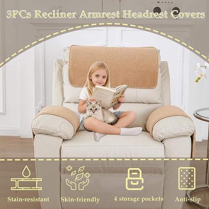 Armrest Covers - Arm Chair Covers Set of 3 Recliner Chair Covers,