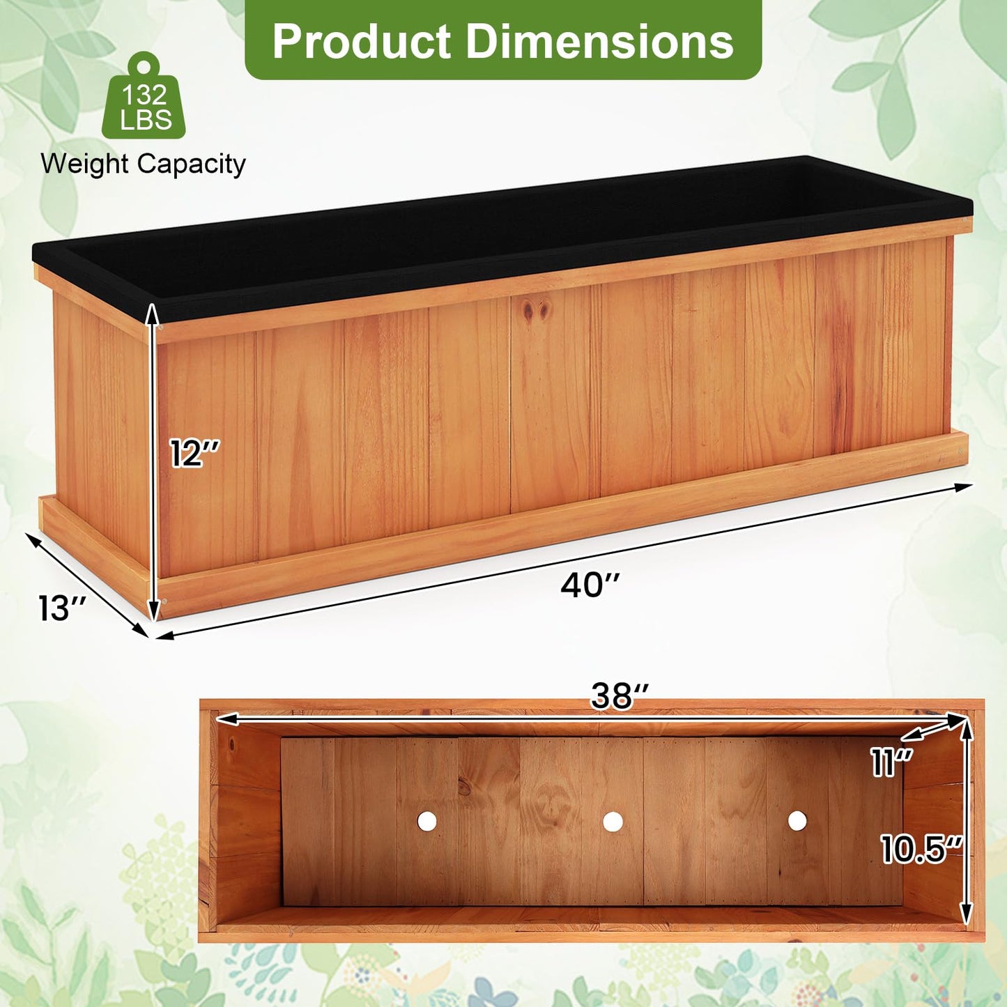 Giantex Outdoor Raised Garden Bed, 40” x 13” x 12” Pine Wood Planter Box with 3 Drainage Holes, Removable Bottom & Bed Liner, Rectangular Flower Container for Vegetables, Herbs, Indoor & Outdoor