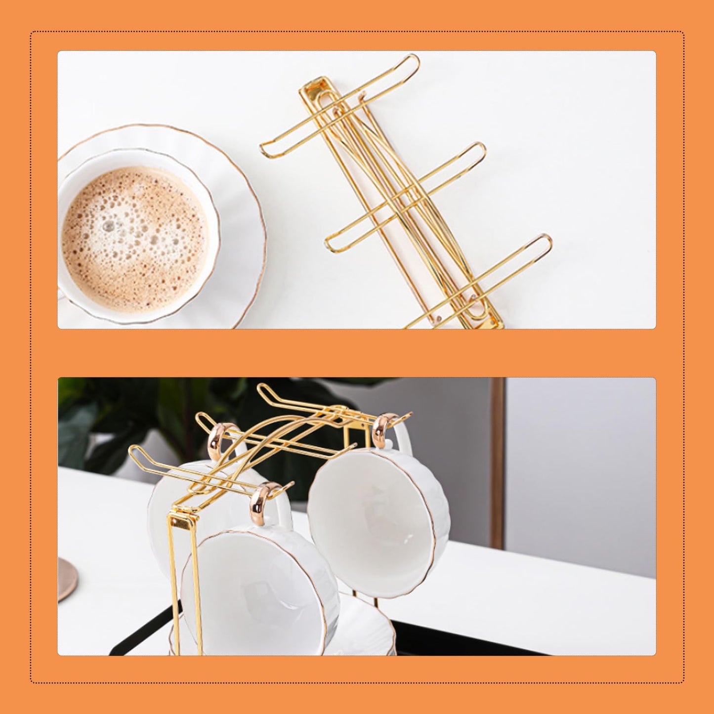 LXFNDZW Gold Metal Cup and Saucer Display Stand Tea and Coffee Cup Holder for Countertop, Coffee Station Organizer for Home or Bar Decor