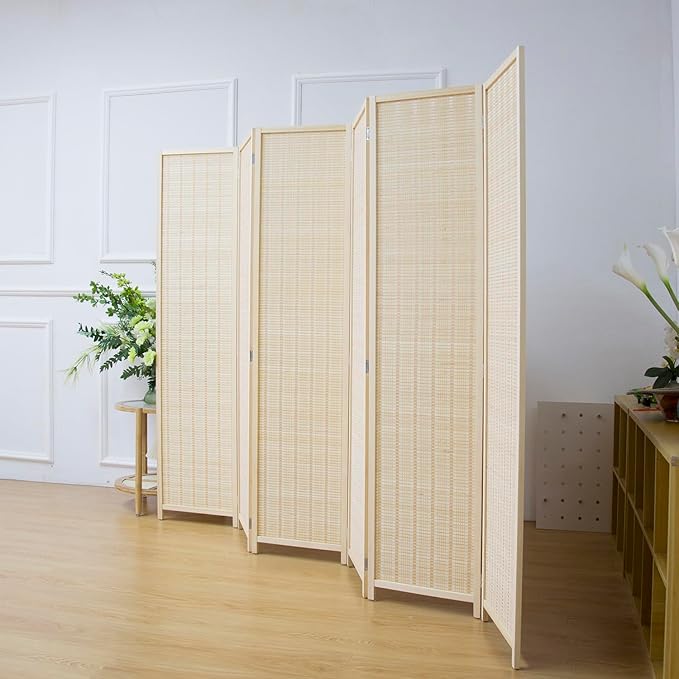 6 Panel Bamboo Room Divider Screen, 5.6 FT Tall Bamboo Divider Folding Privacy