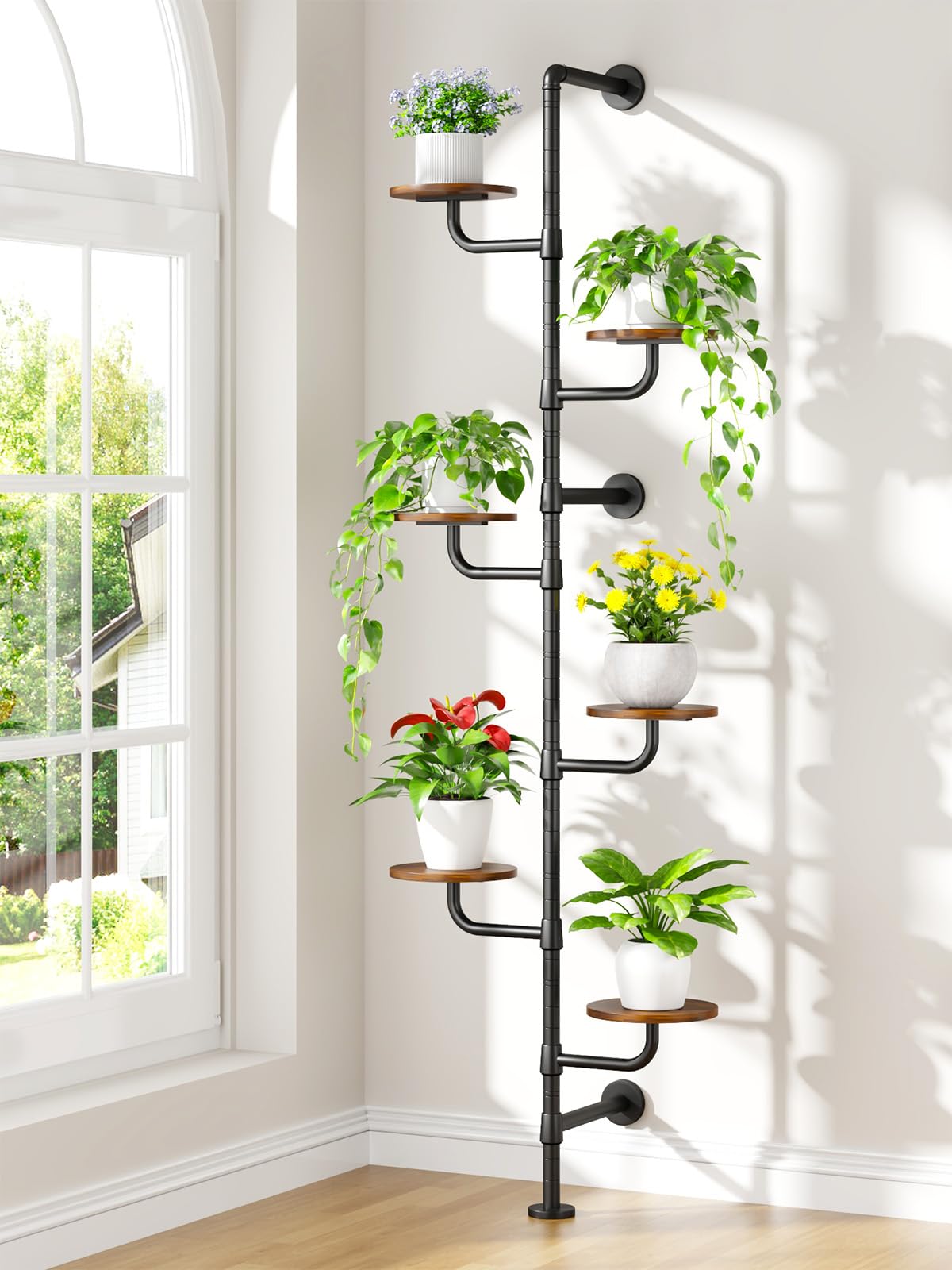 CYXPHION Plant Stand Indoor, 6-Tier Plant Shelf, Tall Wall Mounted Metal Pole & Rotating Wooden Board Plant Holder for French Window, Corner, Home Decor - C5