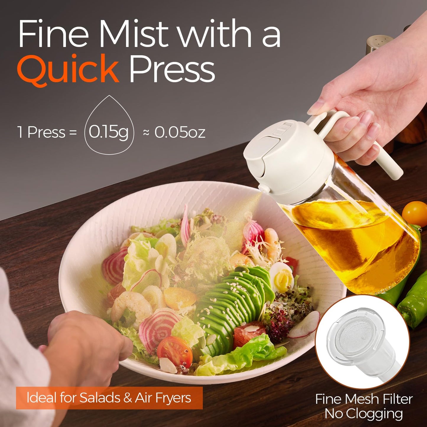 YARRAMATE 16oz/470ml Glass Olive Oil Sprayer for Cooking with Stickers, 2 in 1 Oil Dispenser for Kitchen Gadgets, Food Grade Premium Spray Bottle for Salad, Frying, BBQ (Creamy White)
