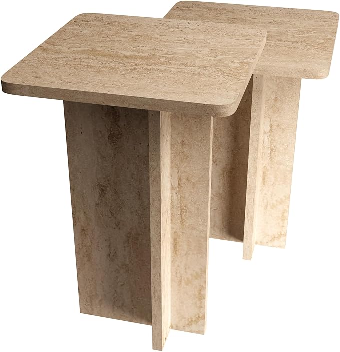 Travertine Efect Square Nesting Table Set of 2 Modern Coffee Table Small Side