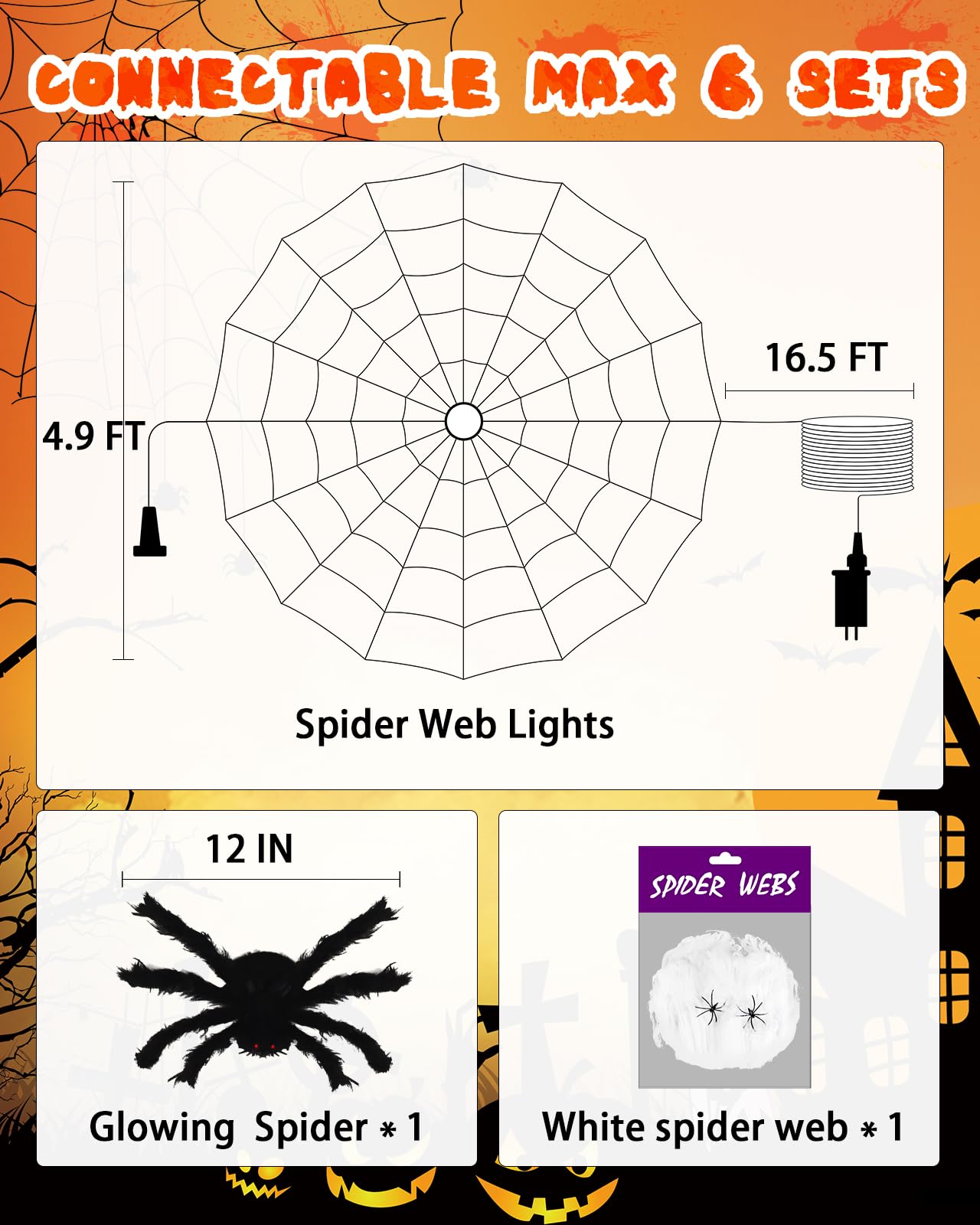 Halloween Decorations Spider Web Lights String Lights for Home, 4.9FT 96LED Waterproof Plugin Net Lights with 8 Modes & Timer, Light Up for Party Indoor Outdoor Garden Yard Haunted House(Orange)
