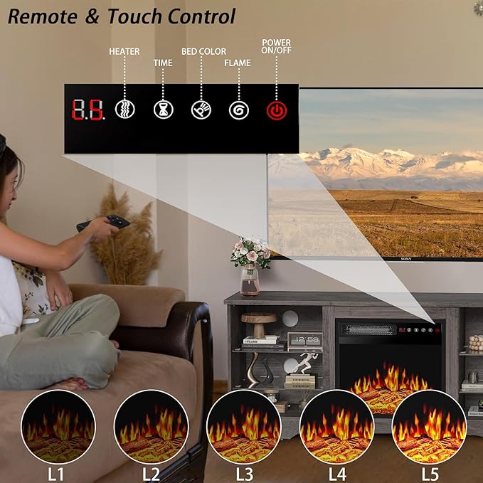 PRETZI Fireplace TV Stand with 18" Fireplace Up to 65" TVs, TV Media Console