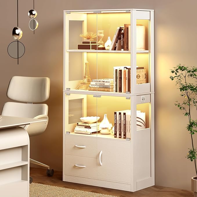 Display Cabinet with Glass Doors, 4-Tier Display Case with 3-Color Lights &
