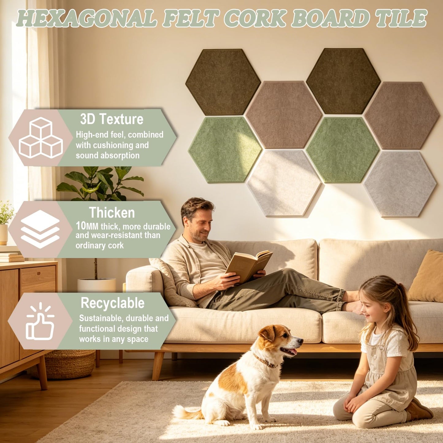 8 Pack Hexagon Cork Board Alternative for Walls Decor, 12" x 10" Self-Adhesive Felt Bulletin Board Tiles with 30 Pushpins, Acoustic Panels for Office,Classrooms (Minimalist Neutral)