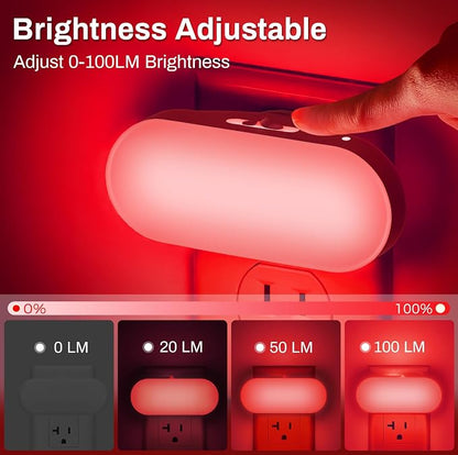 DORESshop Red Night Light, Auto On/Off, 0-100 LM Adjustable Brightness, Dimmable Plug Into Wall Light Sensor Night Light for Kids Room, Bedroom, Stair Lights, 1W, 2 Pack