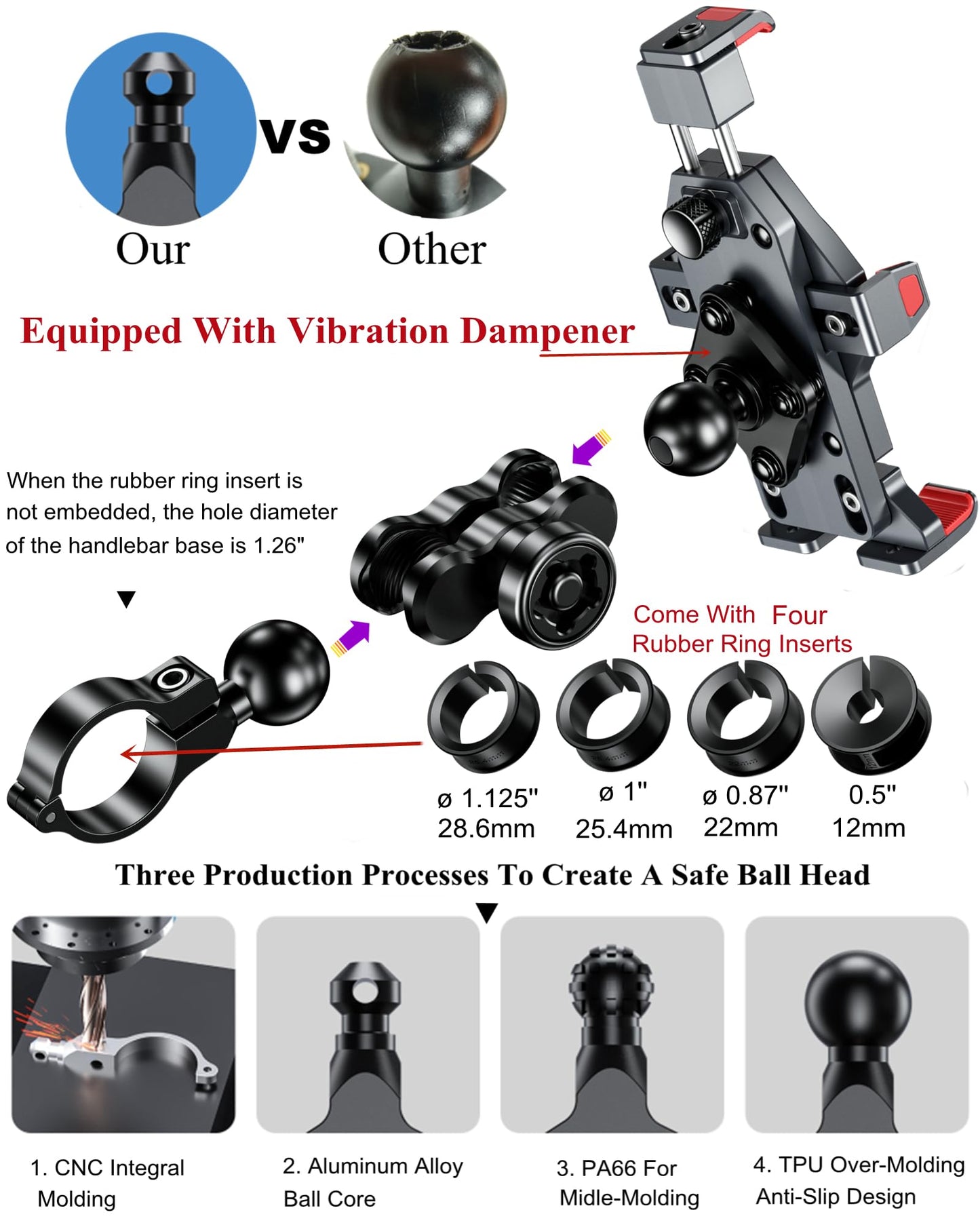 BRCOVAN Anti-Theft Aluminum Alloy Motorcycle Phone Mount with Vibration Dampener & High-Speed Secure Lock, Adjustable Bike Handlebar Cellphone Holder for Bicycle Scooter ATV, Fit 4.7-7.2'' Smartphone