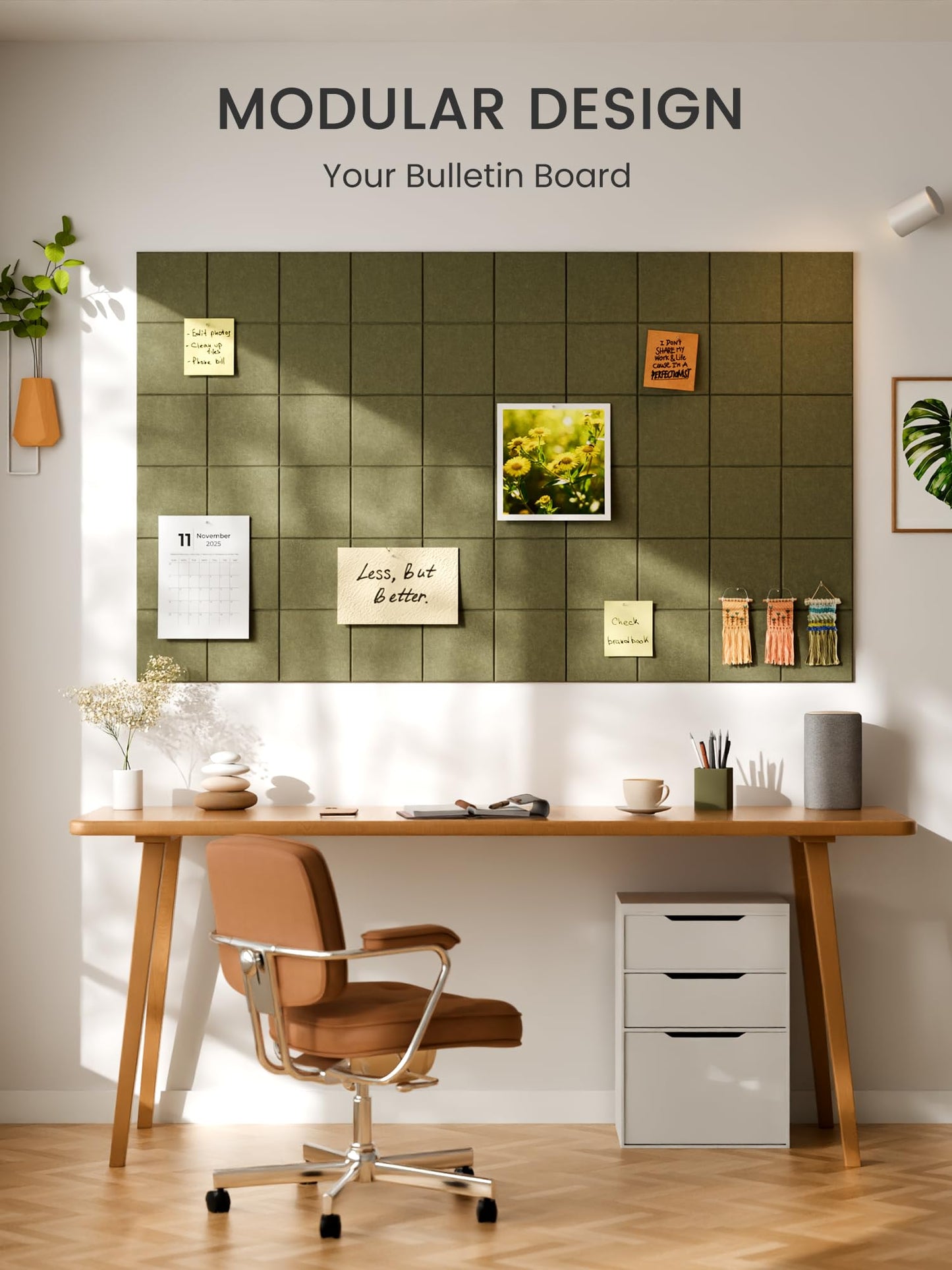 Bumusty Large Felt Bulletin Board, 48" x 36" Cork Board Alternative, 12-Pack Wall Tiles with 4-Compartment Design, 30 Push Pins, 70 Adhesive Tabs, Ideal for Office & Home Decor, Olive Green