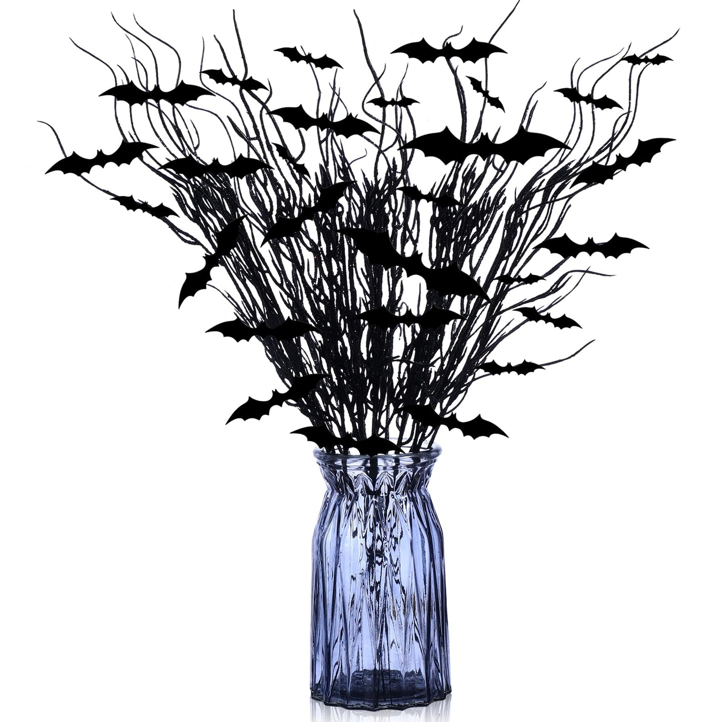 Zeyune 20 Pcs Halloween Black Artificial Branches Floral Picks Vase Filler 17.72 Inch Artificial Curly Willow and 3D Bats Wall Decals Sticker Decor Tree Glittery Flowers for Gothic Home