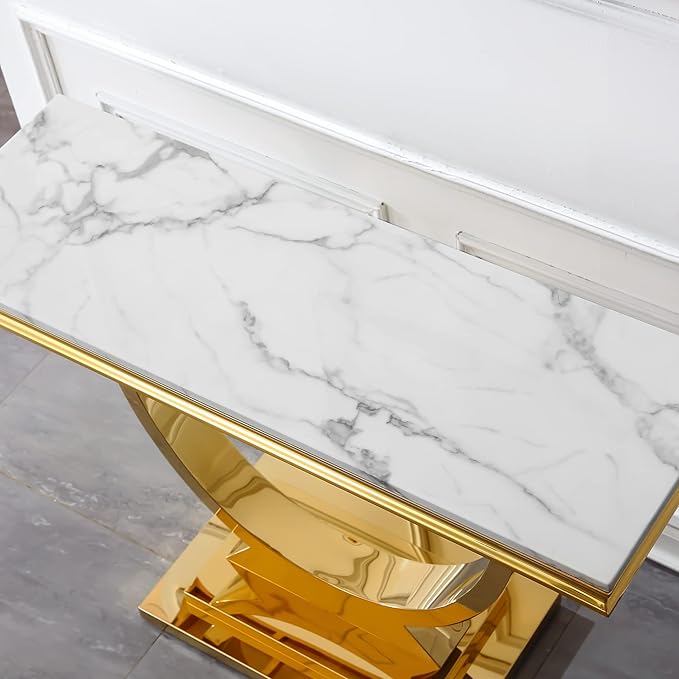 Henf 47" Marble Console Table Modern White Faux Marble Entryway Table