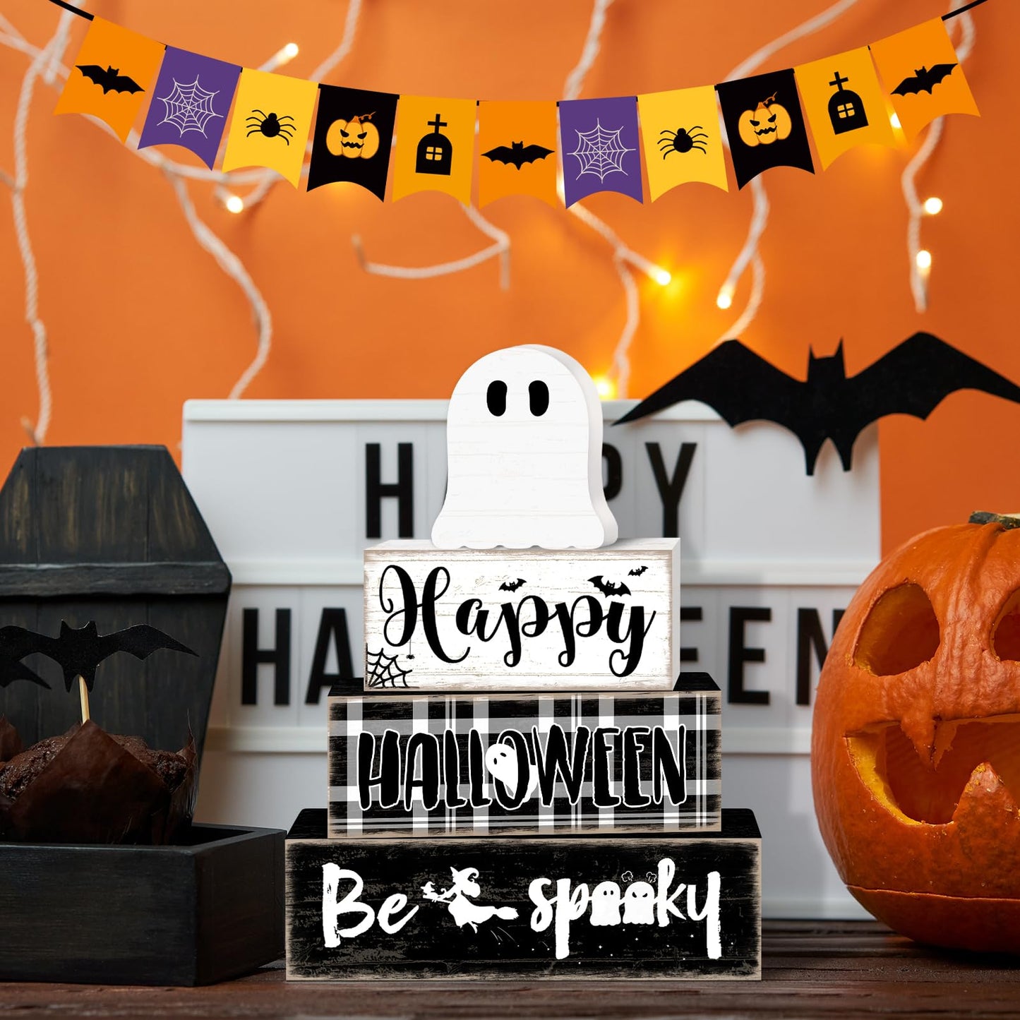 Britimes 4 Pcs Halloween Decorations for Home Ghost Table Decor Halloween Tiered Tray Decorations Set Gift Spooky Stack Block Signs Rustic Farmhouse Tabletop Decor for Table & Home Office