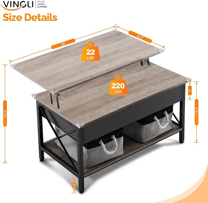 VINGLI 36" Lift Top Coffee Table