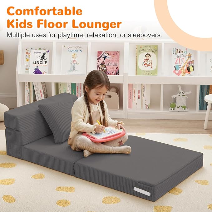 MeMoreCool Kids Folding Sofa Chair – Corduroy Floor Futon, Tri-Fold Mattress