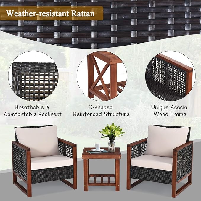 Tangkula 3 Pieces Patio Wicker Furniture Set, Rattan Outdoor Sofa Set