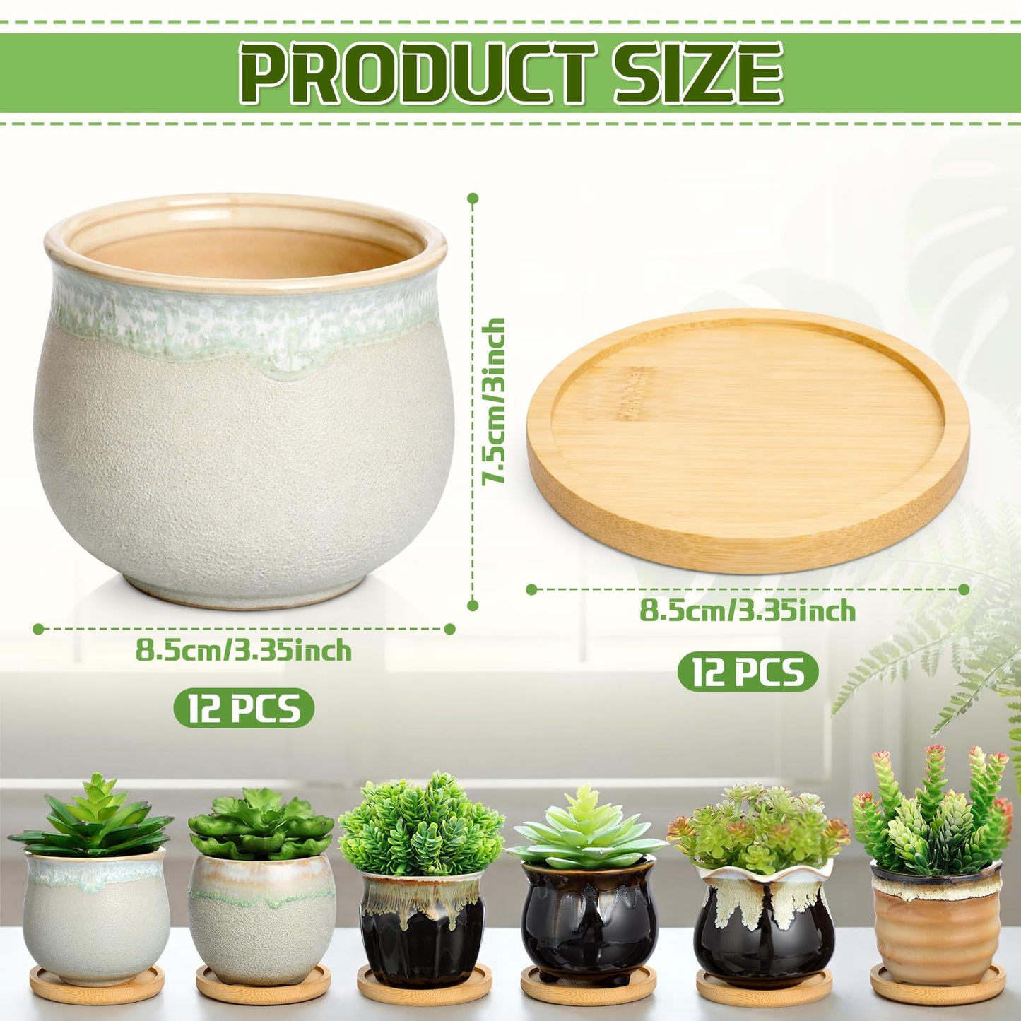 Remerry 6 Pcs Small Succulent Pots Bulk with Drainage Assorted 3.5 Inch Mini Ceramic Succulent Planters Pot with Coaster Bamboo Plant Tray Planting Pots for Home Office Garden