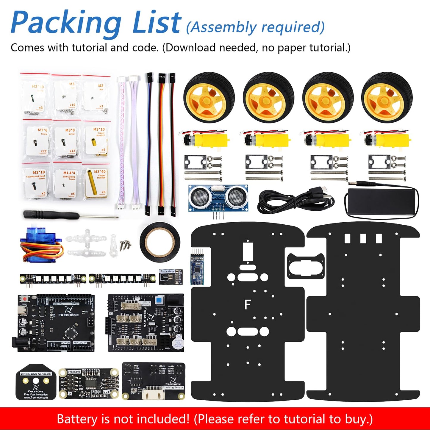 Freenove 4WD Car Kit (Compatible with Arduino IDE), Line Tracking, Obstacle Avoidance, Wireless Control App, Ultrasonic Sensor Motor Servo