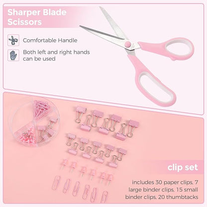 SKYDUE Pink Desk Accessories, Pink Office Supplies Set, Mesh Desk Organizer, Stapler, Tape Dispenser, Scissors, Binder/Paper Clips and 1000pcs Staples,Desk Organizer for Women