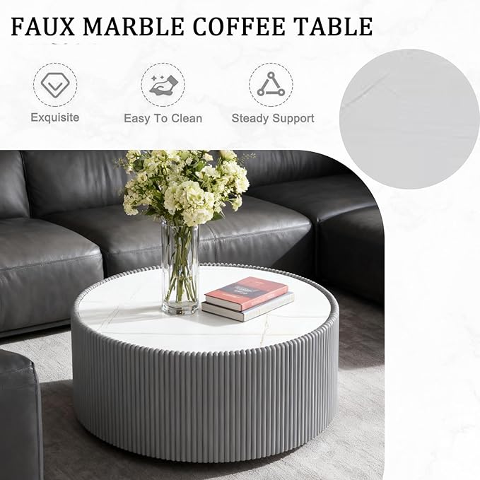 2-Piece Round Nesting Coffee Table Set, 29.52" Marble Coffee Table and End