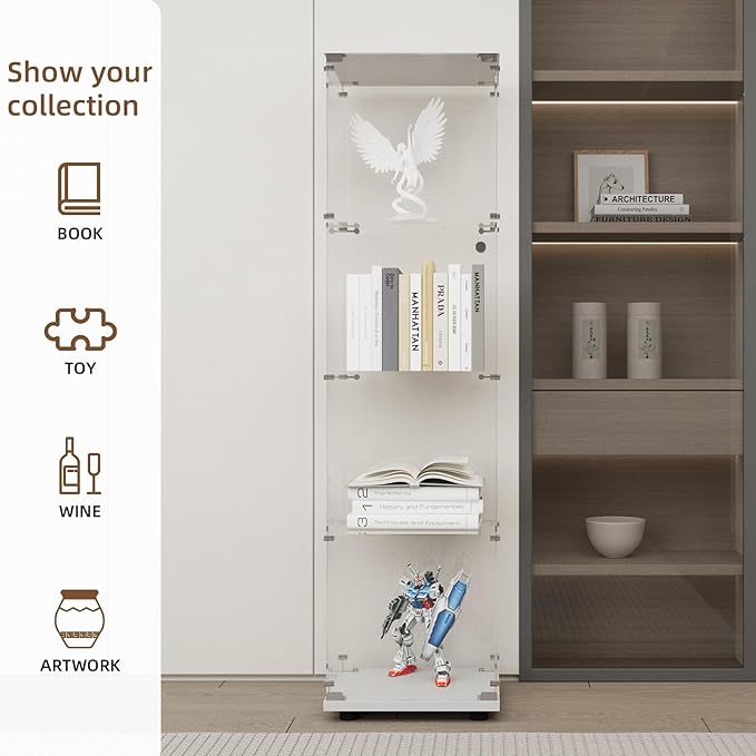 Display Cabinet with Glass Door and Lock, 4-Shelf Fast Installation Curio