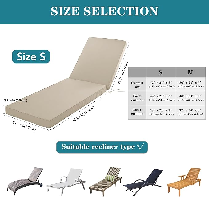 Outdoor Chaise Lounge Cushion Set of 2, Fadesafe Water-Repellent Lounge Deck