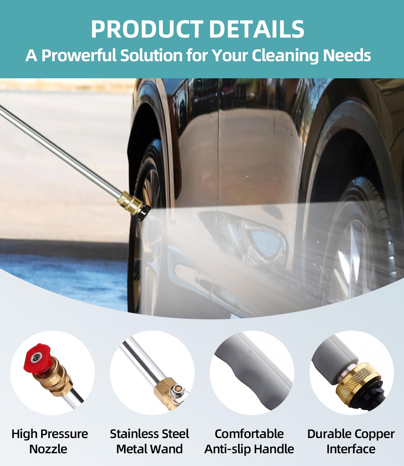 Jet Nozzle Power Washer Wand Hose Nozzle, Hydro Jet High Pressure Watering Sprayer Tool with 3 Different Nozzles, Water Hose Nozzle with Quick Connectors for Car, Gutter, Window Washing,Grey
