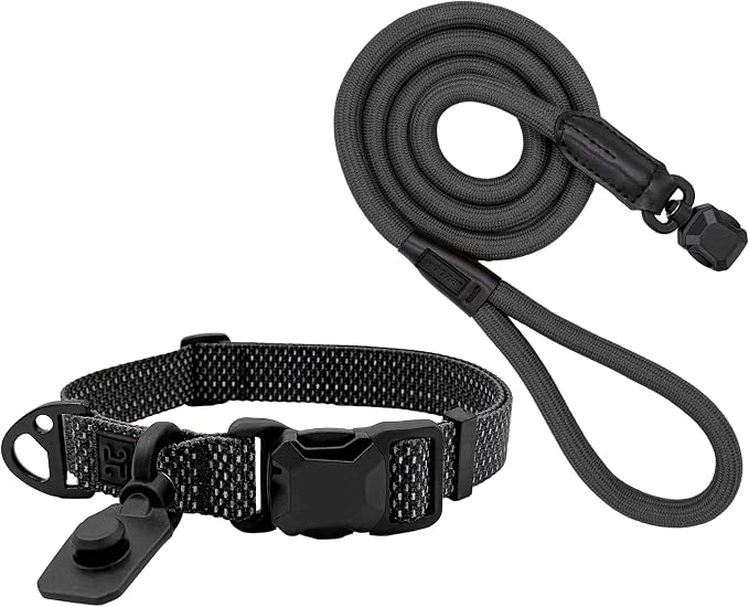 Quick Clip Dog Collar & Rope Leash Set, Black Large – Magnetic Buckle, Reflective