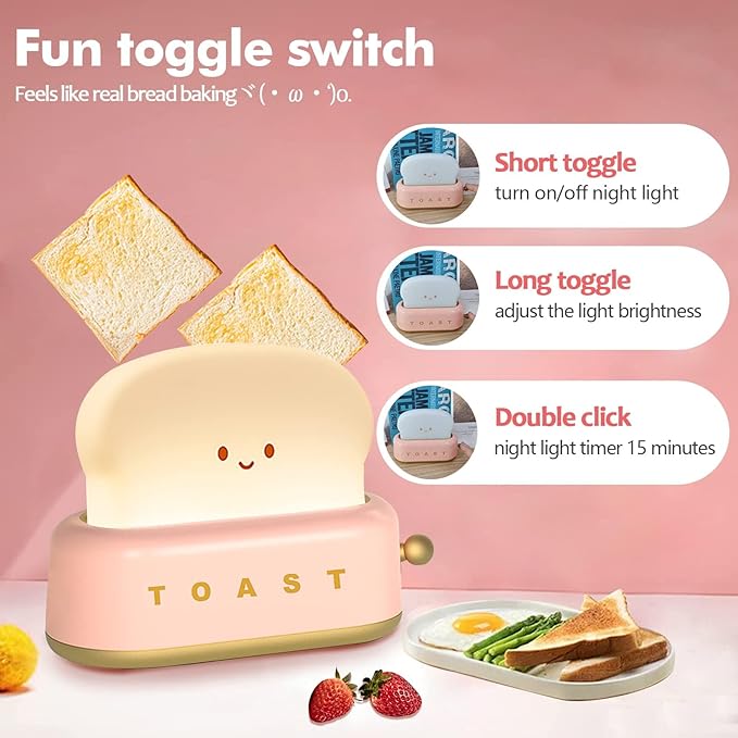 QANYI Cute Desk Decor Toaster Lamp, Kawaii LED Toast Bread Night Light Rechargeable and Portable Light with Timer, Christmas Gifts Ideas for Baby Kids Girls Teens Teenages