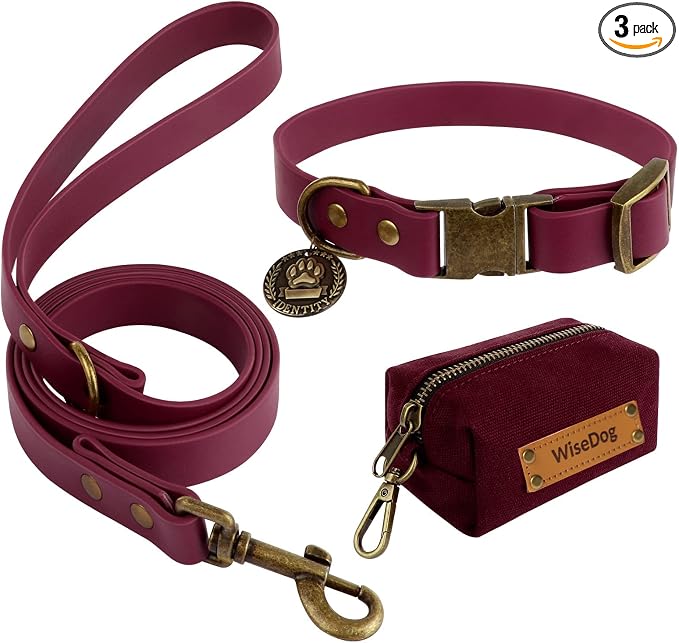 Wisedog Waterproof Dog Collar and Leash Set, M (Collar:12"-18"), Burgundy | Adjustable Puppy Collars, Cute Tag, 5FT Leash, Includes Poop Bag, For Small Medium Large Dogs