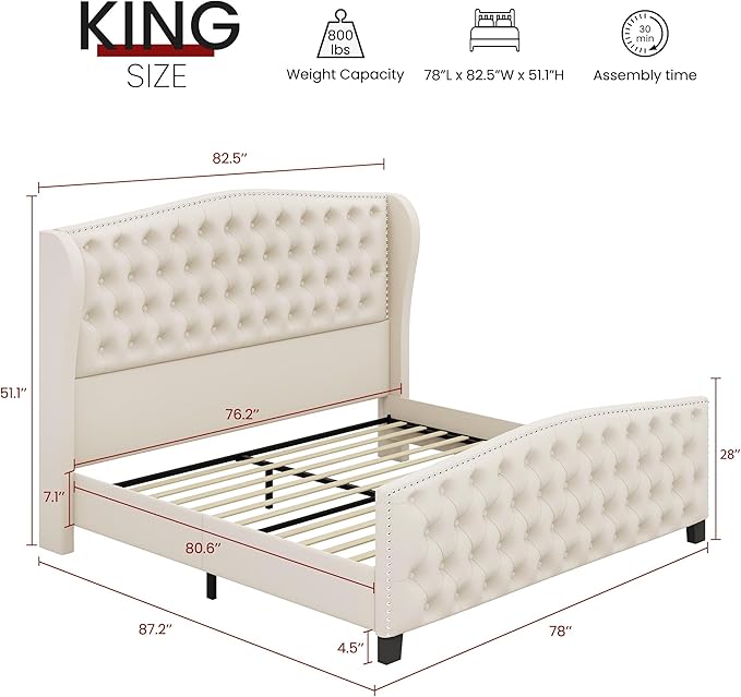 BRELTAM Upholstered King Size Bed Frame Velvet Beige Tufted Platform Bed Frame