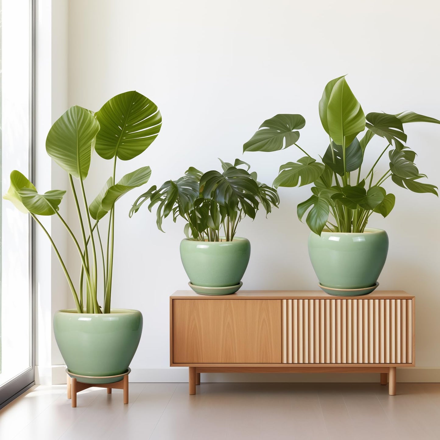 EPFamily Ceramic Pots for Plants - 10/8/6 Inch Flowers Planters with Drainage Holes and Saucers for Indoor Outdoor, Decorative Modern Home House Office Room Decor, Set of 3, Green