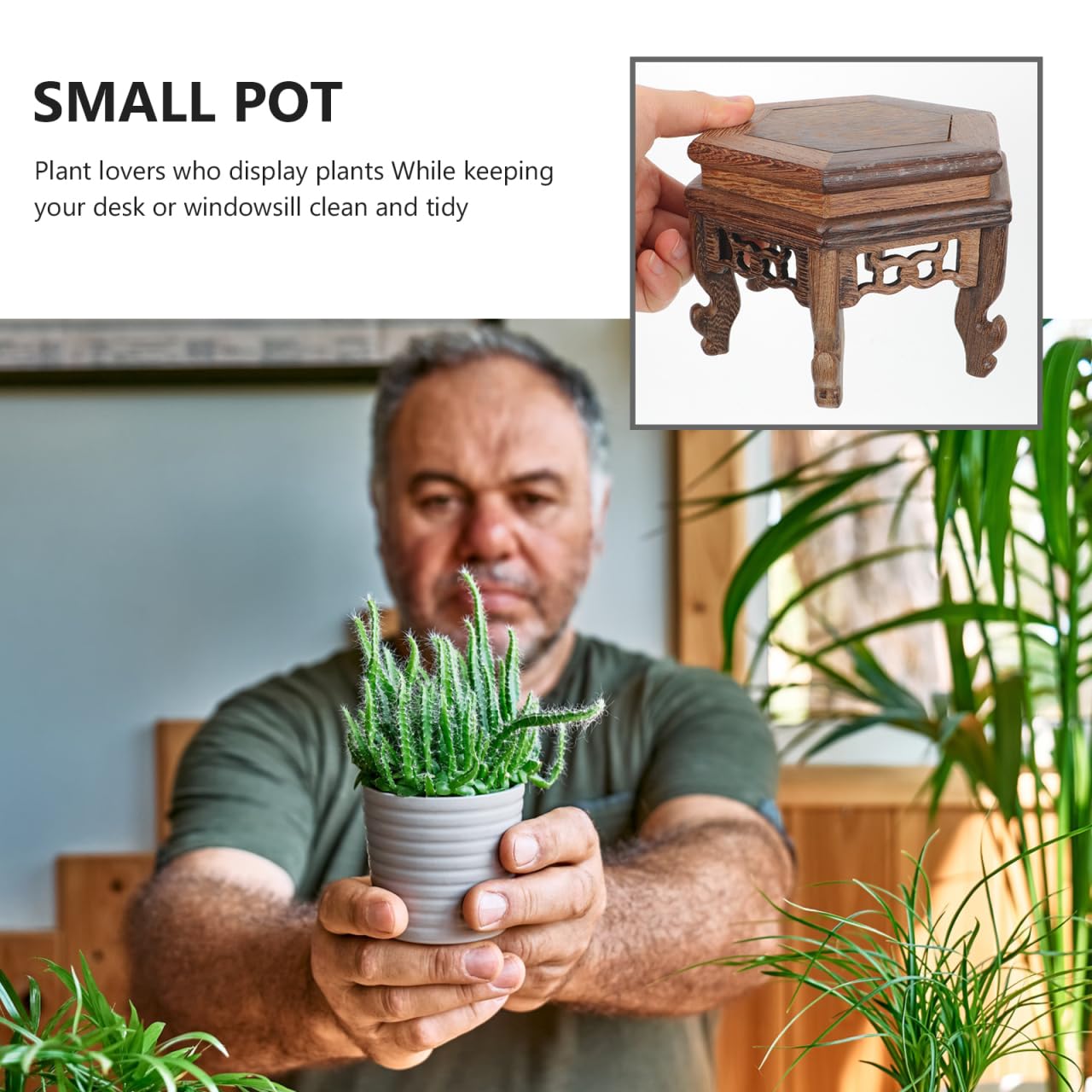 Cabilock Hexagonal Table Base Wooden Plant Stand Chinese Style Flower Pot Display Rack Teapot Stand for Bonsai Vases Planters 5.1X5.1X3.5 Inch