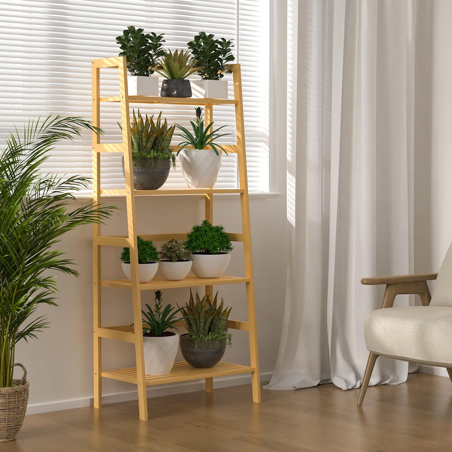 Thalomely Bamboo Bookshelf, 4-Tier Ladder Shelf Freestanding Space Saver Open Bookcase Book Shelf, Bamboo Storage Shelving Unit Flower Plant Stand for Living Room, Bathroom, Home Office, Natural