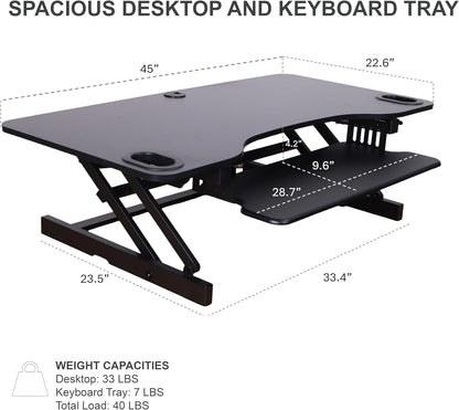 Rocelco 45" Height Adjustable Standing Desk Converter with Triple Monitor Mount and Slide Out Retractable Keyboard Tray - Sit Stand Up Three Screen Tabletop Riser Workstation - Black (R ADRB-45-DM3)