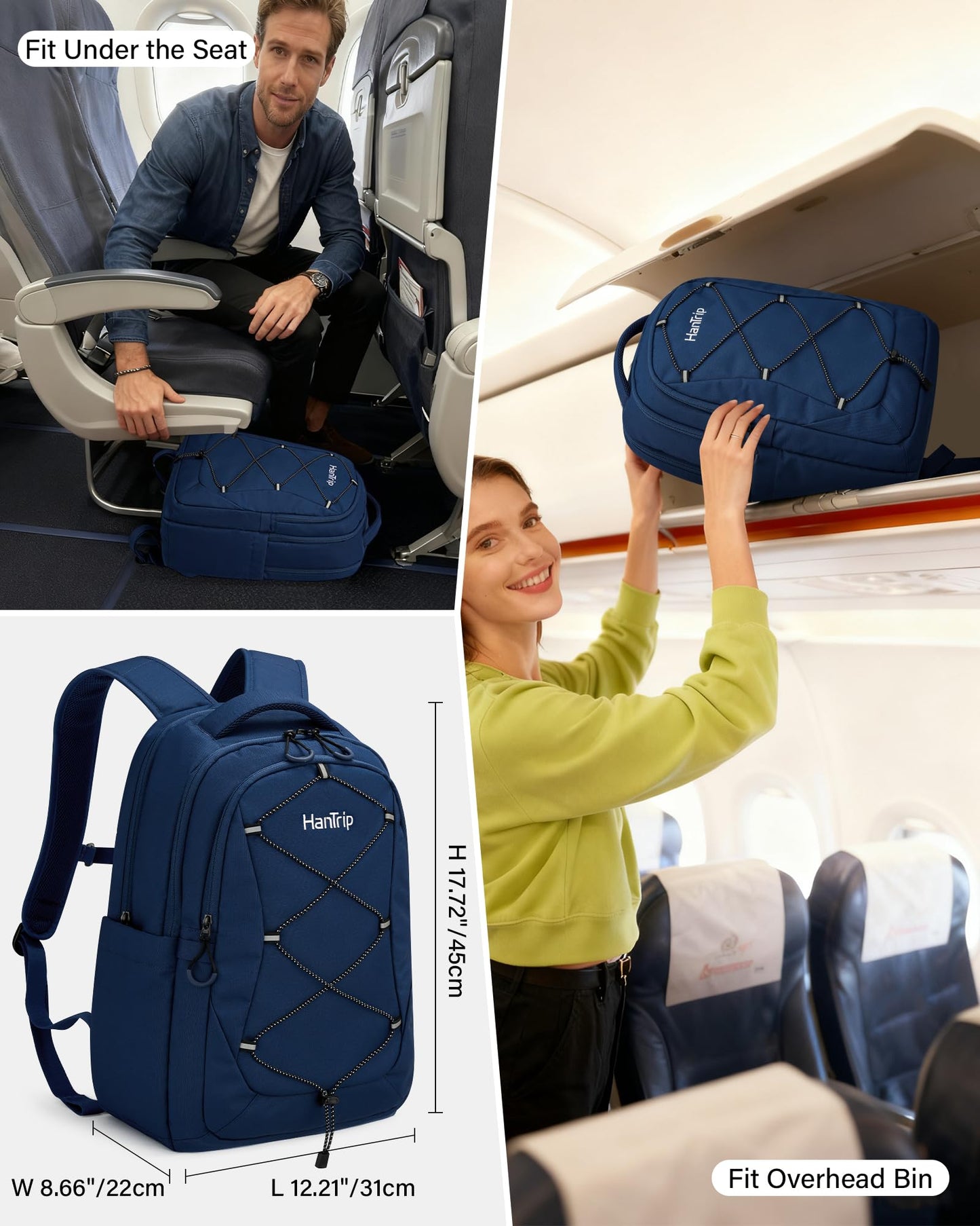 HanTrip Travel Laptop Backpacks for Women Men, Large Work Backpack for Commuter College School Book Bags, Reflective Water Resistant Backpack with Luggage Strap Bottle Pocket Chest Strap, Navy Blue