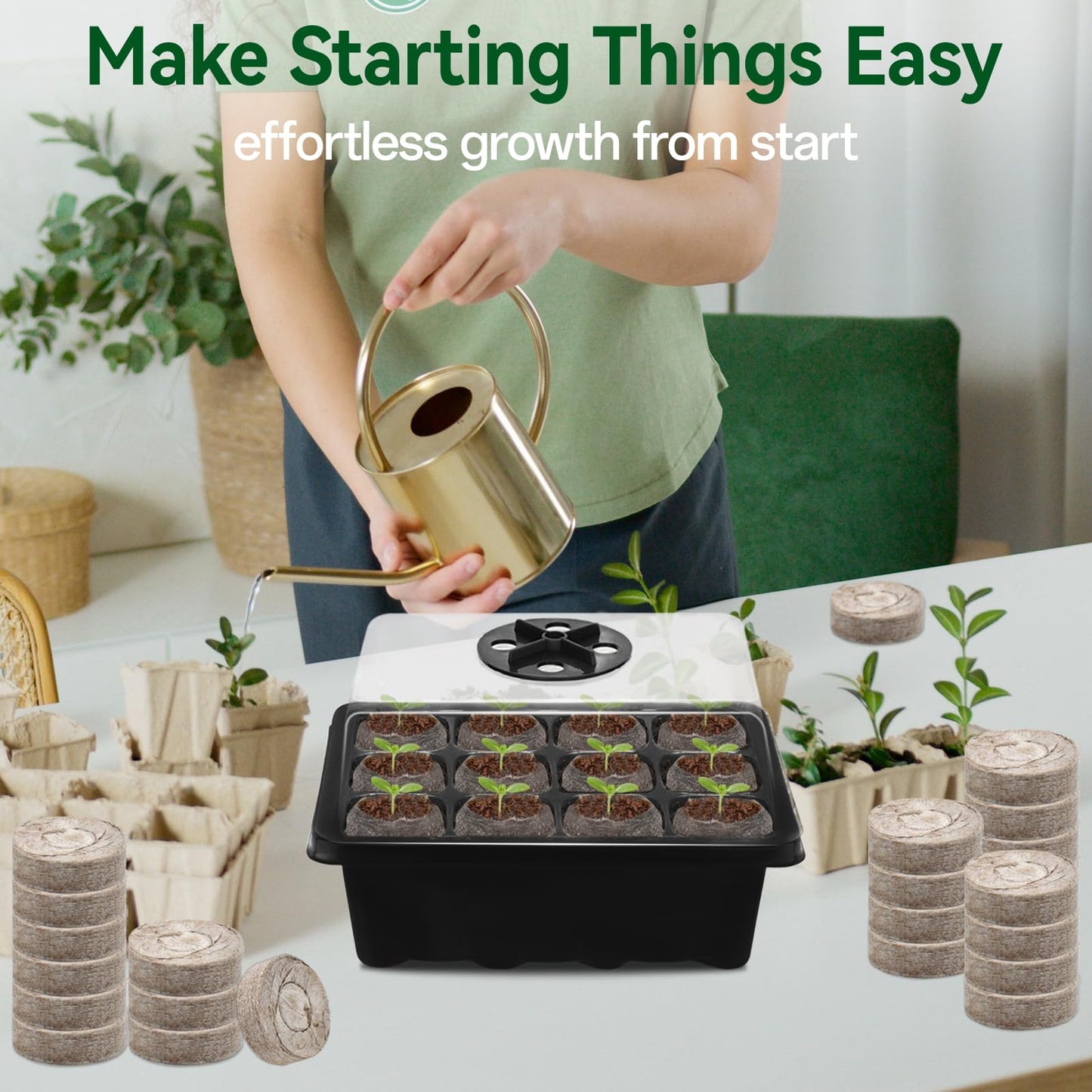 Halatool 8 Pack Seed Starter Tray with 100 PCS Peat Pellets, 96 Cells Black Seeding Starter Trays for Organic Seed Starter Soil Pods for Planting Vegetables Plants Flowers - Starting Seeds Kit