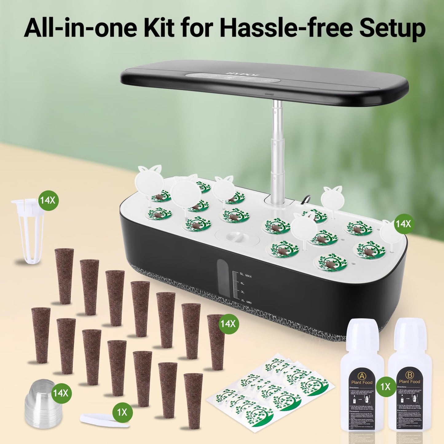 Hydroponics Growing System with LED Grow Light, 14 Pods Indoor Herb Garden Full Spectrum Rotatable Light Panel, Auto On Off Timing 12 14 16Hrs, 5L Water Tank, Harvest Fresh Basil Tomato (Black)