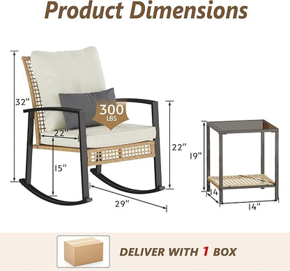 3 Piece Patio Rocking Chairs Set of 2, Outdoor Rocking Chair Bistro Set with Tempered Glass Coffee Table and Thick Lumbar Pillow Set, Front Porch Chairs for Garden, Backyard, Poolside (Beige)