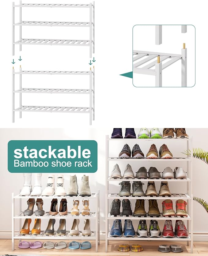 viewcare White Shoe Rack, 3-Tier Bamboo Wood Shoe Rack