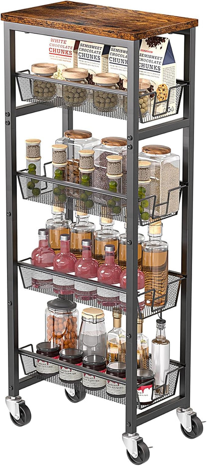 Slim Rolling Cart, 4-Tier Storage Cart, 9.1inch Narrow Kitchen Rolling Cart on Wheels for Small Space, Utility Cart Shelving Unit with Wooden Top and Metal Handle for Kitchen, Bathroom, Laundry Room