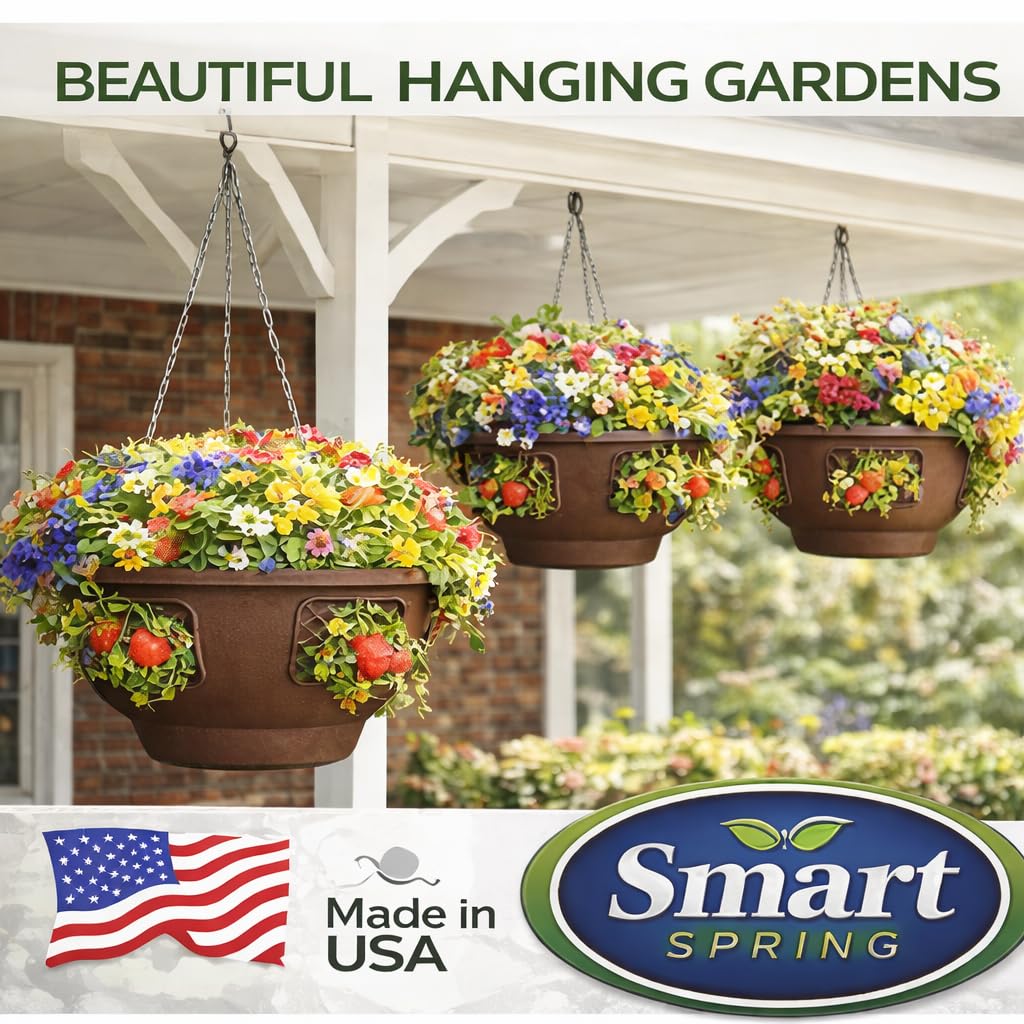 smart spring Ultimate Hanging Baskets - Strawberry, Tomato, Flower, and Herb Outdoor Planters - Use Garden Pots for Growing Plants Outside On A Deck, Fence, or Balcony (Mocha 2pk)