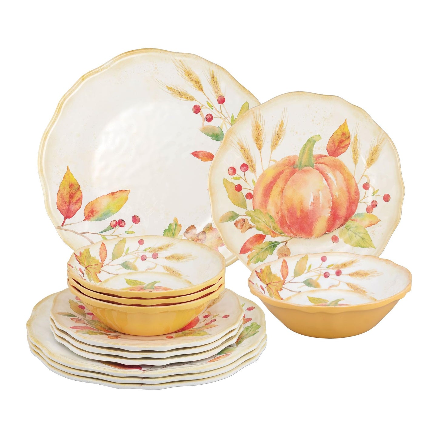 UPware 12 Piece Pumpkin Melamine Dinnerware Sets, Outdoor Dishes Set, Plates and Bowls Sets, Autumn Thanksgiving Decorations, Service for 4, Orange