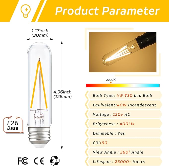 Dimmable E26 T30 T10 LED Bulb Long Tube Light Bulb 4W, Type T Tubular Light